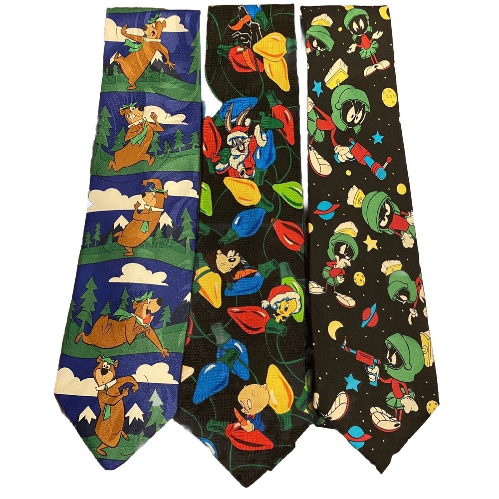 3 VTG 90s Ties - 2 Silk Looney Tunes Daffy  Taz Bugs Bunny Marvin  1- Yogi Bear